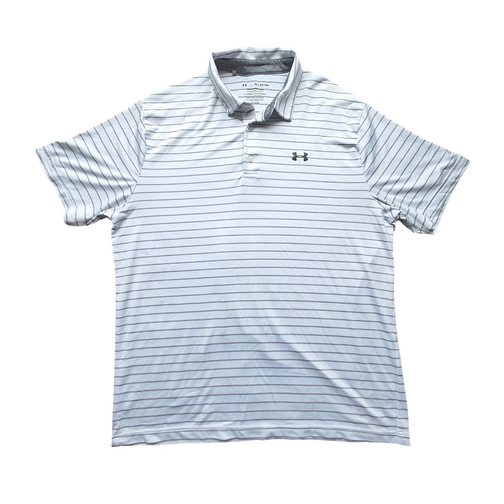 Under Armour The Playoff Polo Shirt Men's XL Gray Stripe HeatGear Golf‎ Casual